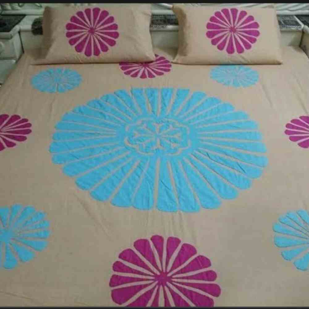 Handcrafted Bedsheet in Tan Base with Pink and Blue Applique Work